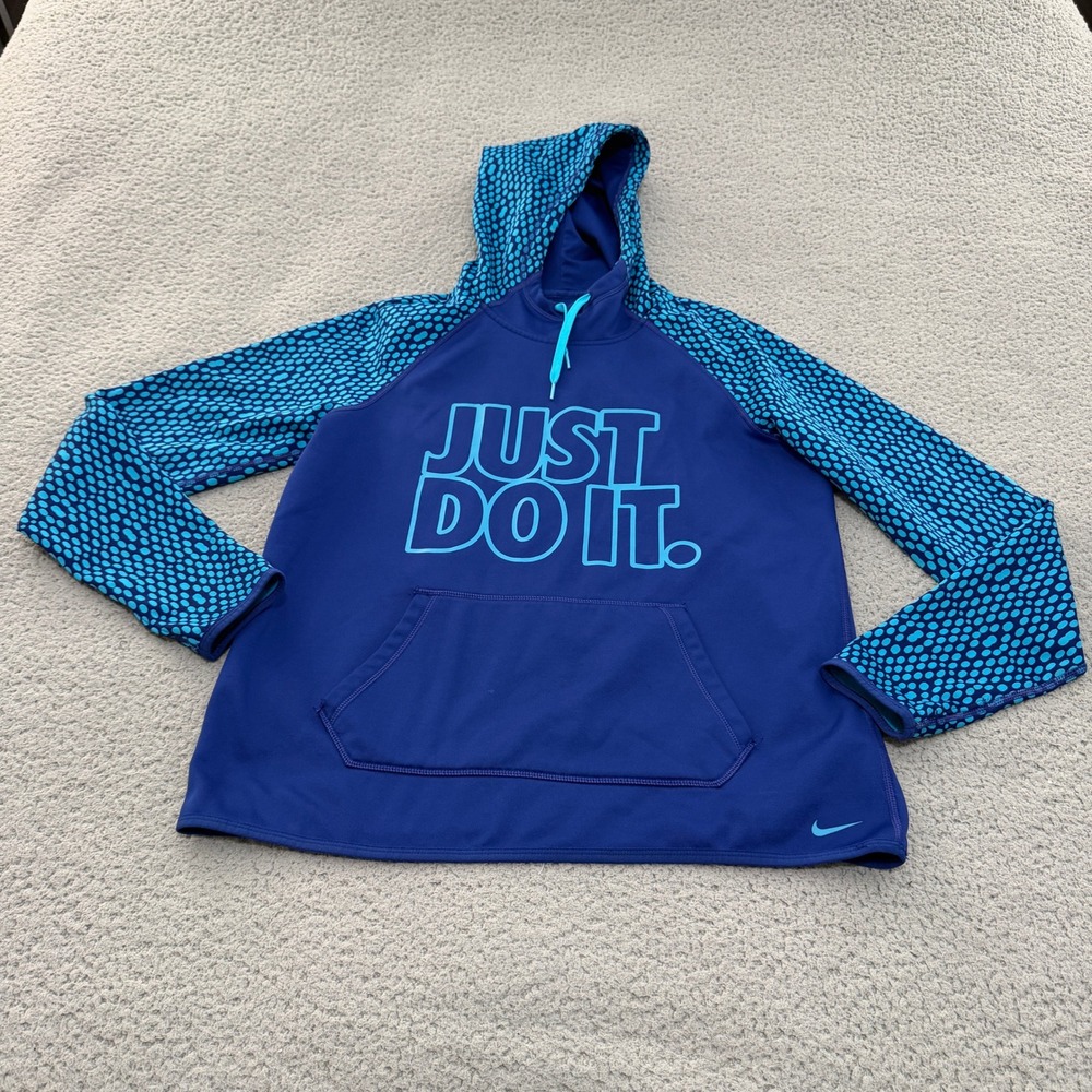 Nike Therma-FIT Just Do It Hoodie Womens Medium Blue Teal Polka Dot Pullover